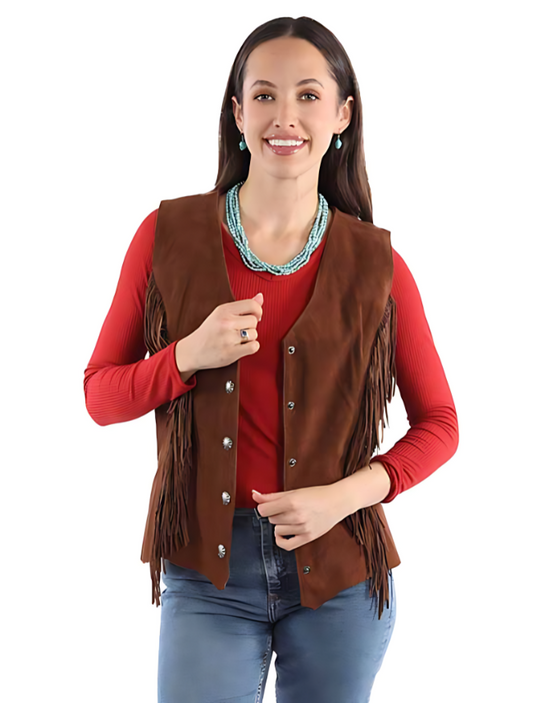 Woman wearing a brown fringed vest over a red shirt on a white background