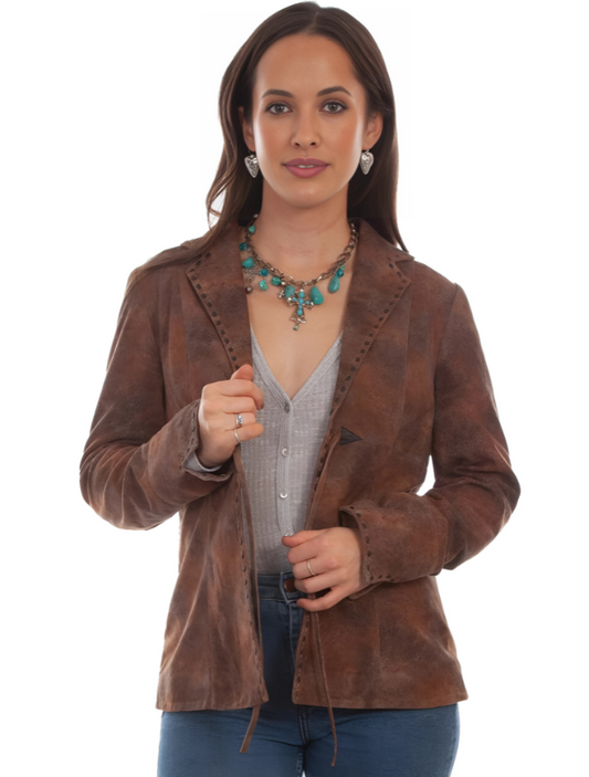 Woman wearing a brown leather jacket on a white background