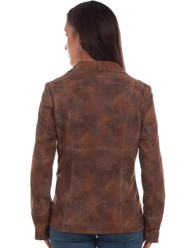 Brown leather jacket worn by a person on a white background