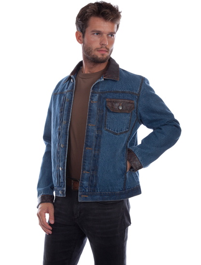 Man wearing a blue denim jacket on a white background