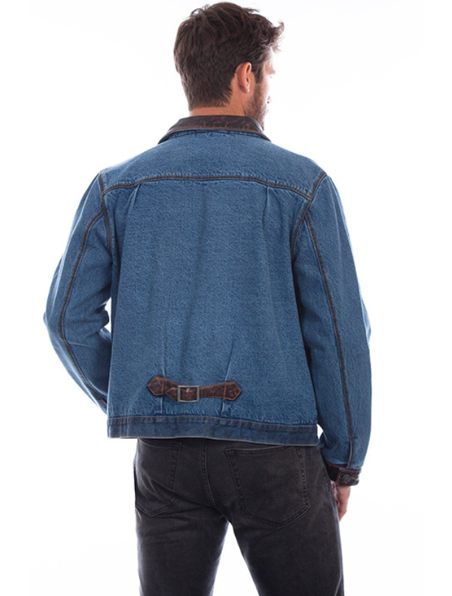 Man wearing a blue denim jacket on a white background
