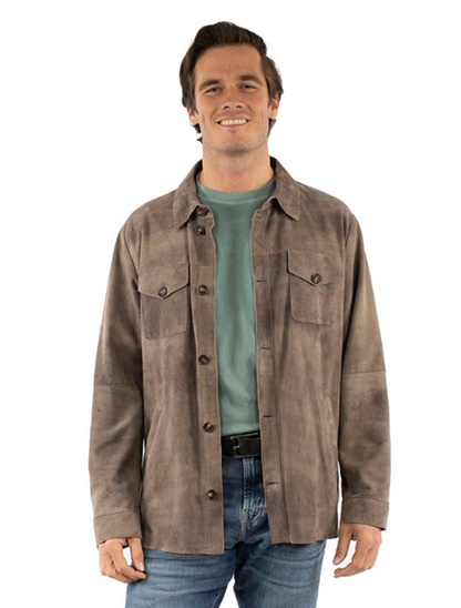 Man wearing a brown suede jacket over a green shirt on a white background