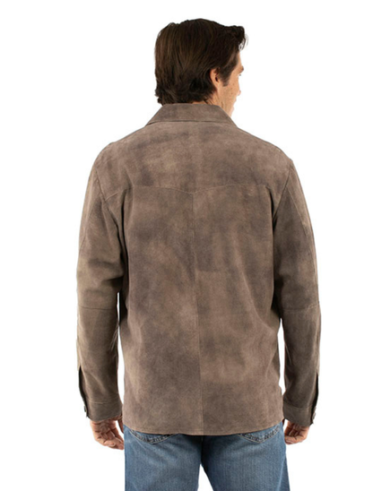 Man wearing a brown leather jacket on a white background