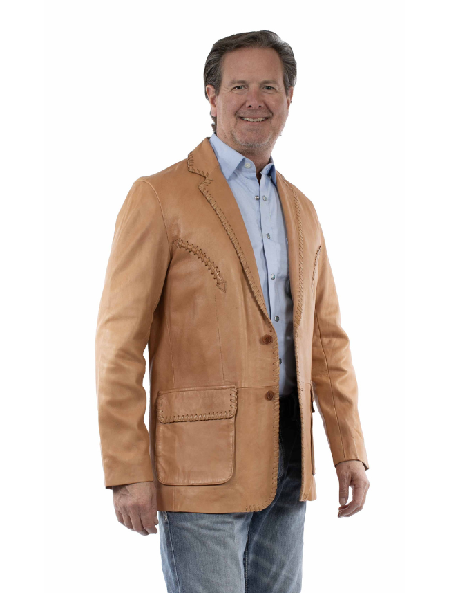 Man wearing a tan leather jacket on a white background