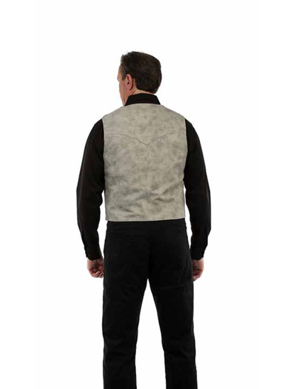 Man wearing a gray vest over a black shirt on a white background