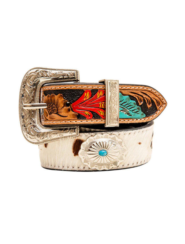 Cowboy belt with intricate buckle design on a white background