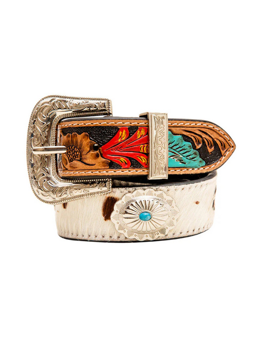 Cowboy belt with intricate buckle design on a white background