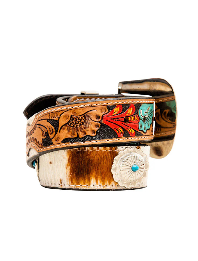 Belt with floral tooled leather design and white cowhide strap on a white background