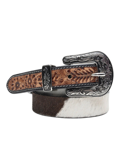 Belt with cowhide strap and decorative buckle on a white background