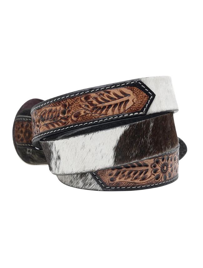 Belt with brown leather and white hair-on-hide strap on a white background