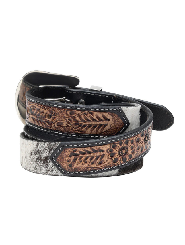 Leather and cowhide belt with intricate designs on a white background