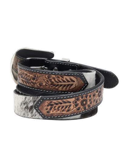 Leather and cowhide belt with intricate designs on a white background