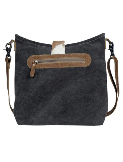 Dark gray handbag with a brown zipper pocket on a white background