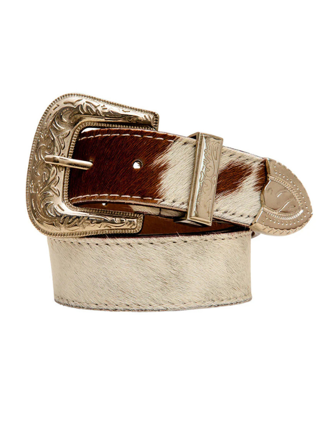 White and brown hair-on leather belt with decorative buckle on a white background