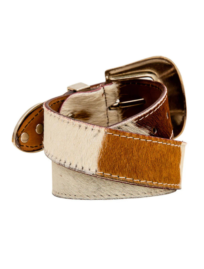 Brown and white hair-on leather belt on a white background