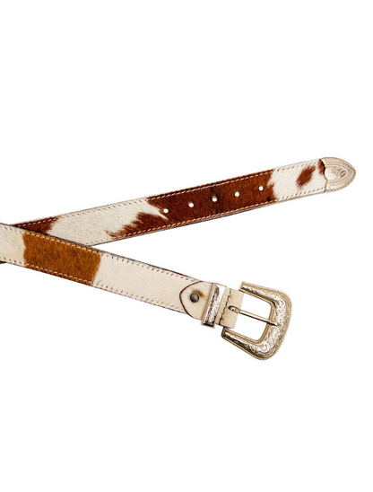 Brown and white cowhide belt with a silver buckle on a white background