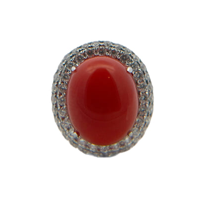 18K White Gold Diamond & Red Coral Ring