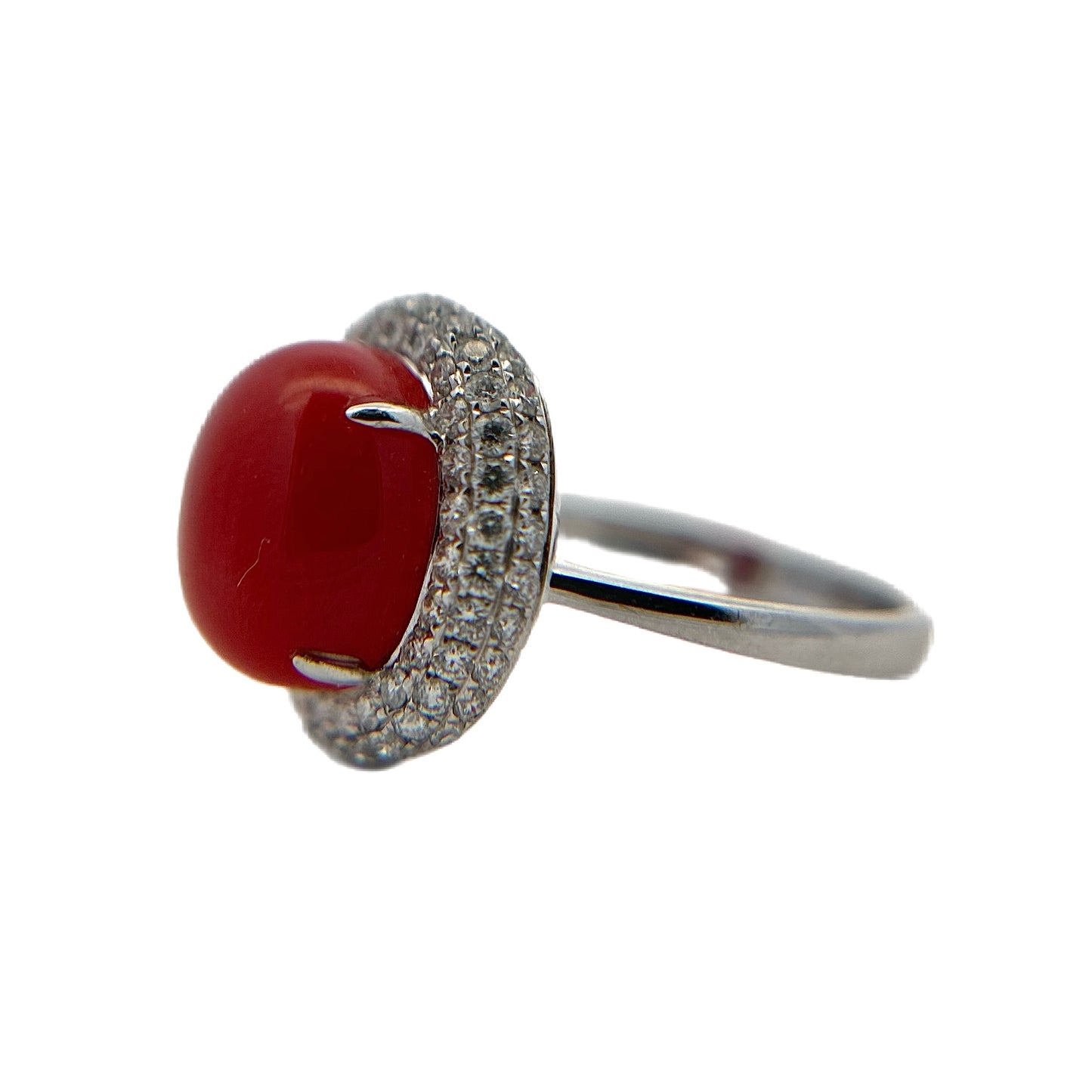 18K White Gold Diamond & Red Coral Ring