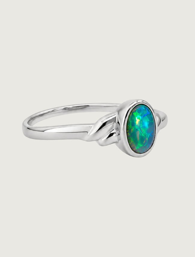 18K white gold opal knot ring, side view