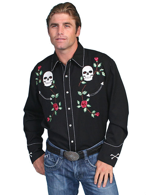 Scully Men's Skulls and Roses Embroidered Shirt