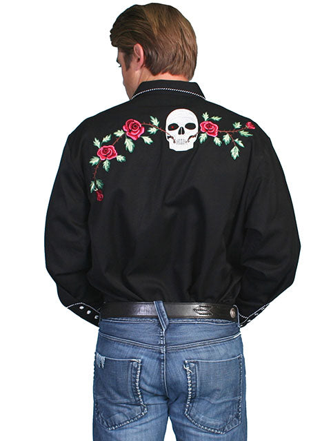 Scully Men's Skulls and Roses Embroidered Shirt