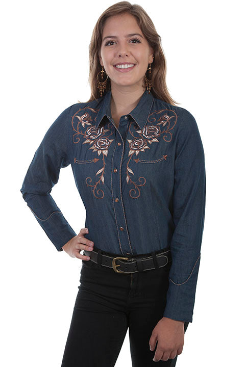 Scully Women's Embroidered Roses & Longhorn Snap Front Shirt