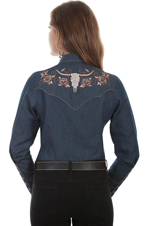 Scully Women's Embroidered Roses & Longhorn Snap Front Shirt