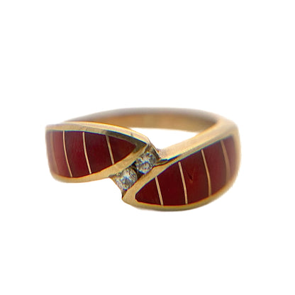 14K Yellow Gold Diamond & Red Coral Ring