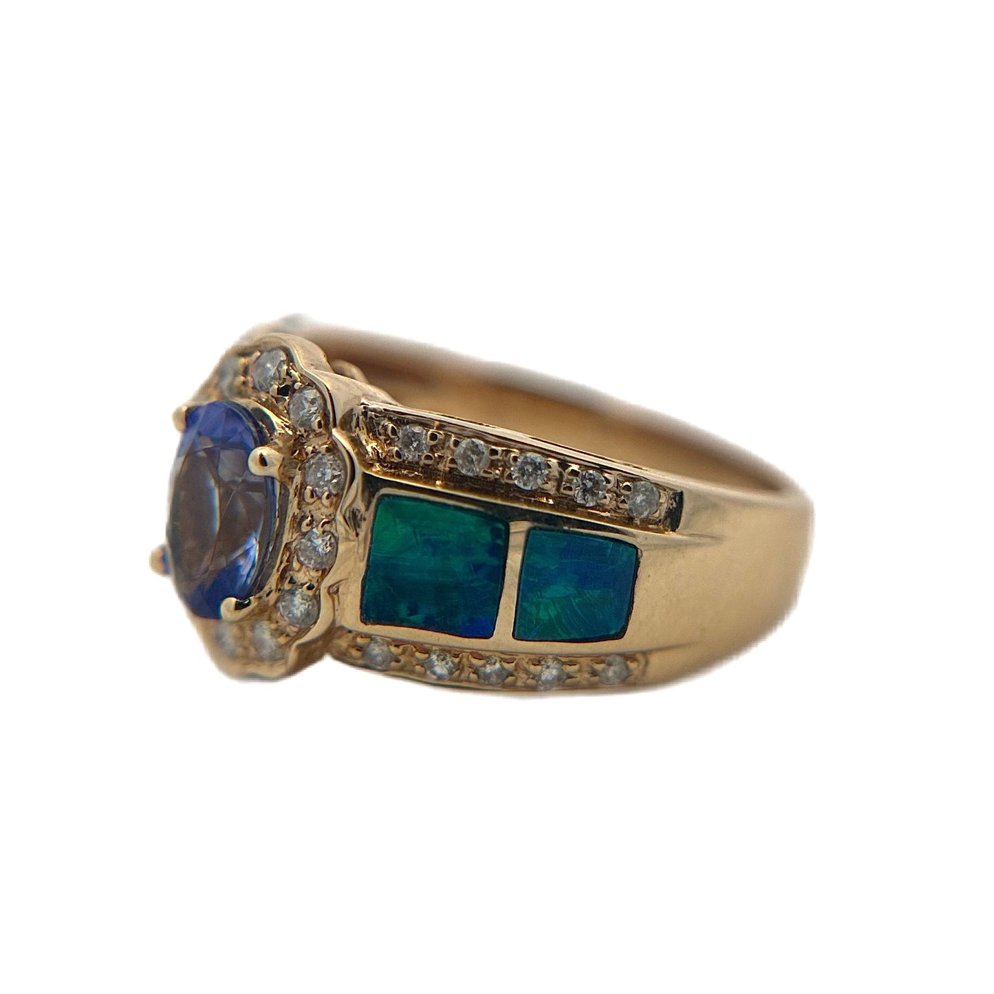 14K Yellow Gold Tanzanite, Opal, & Diamond Ring