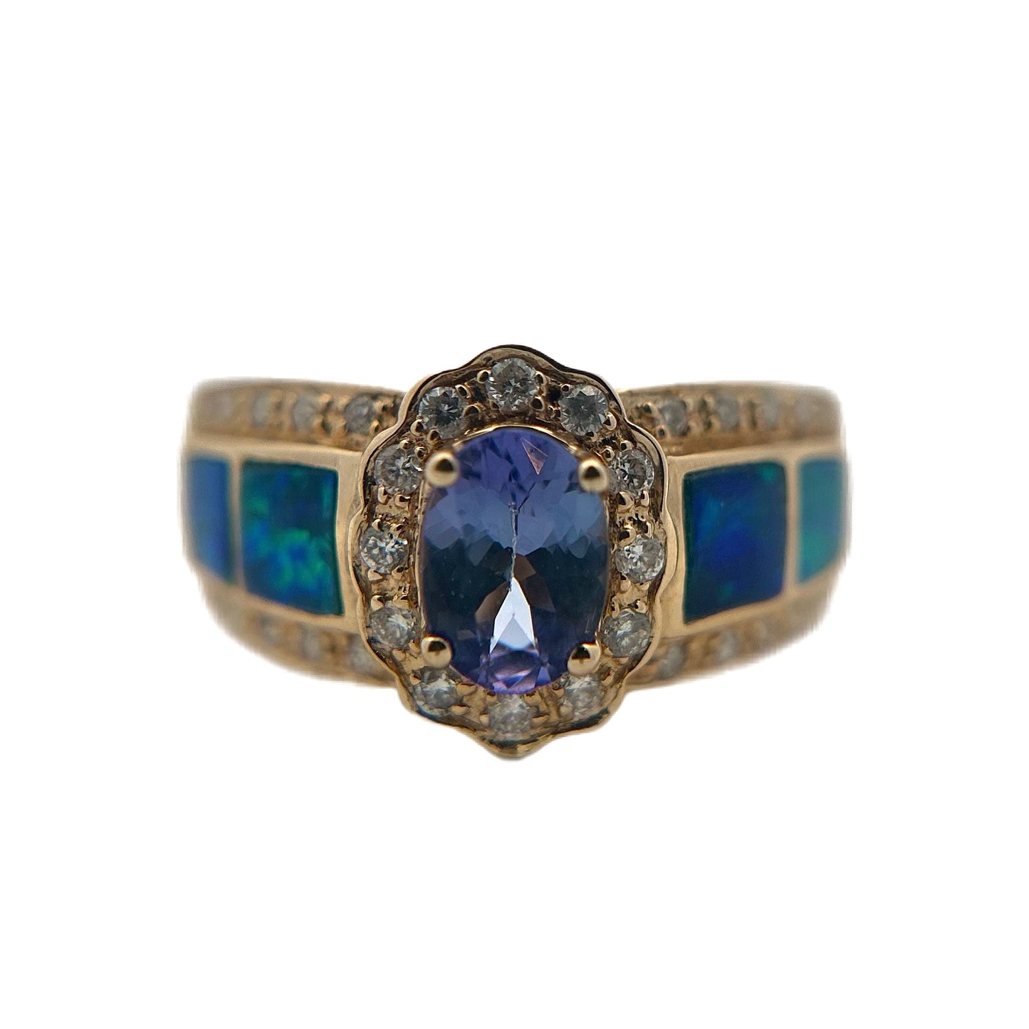 14K Yellow Gold Tanzanite, Opal, & Diamond Ring