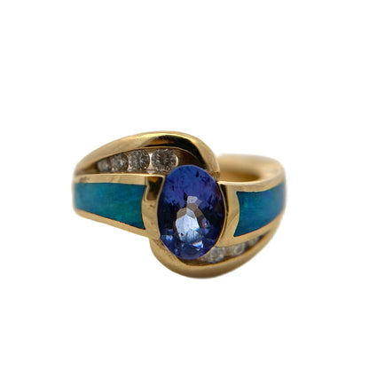 14K Yellow Gold Tanzanite, Opal, & Diamond Ring