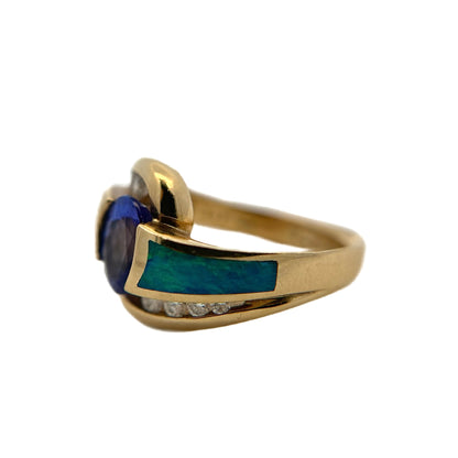 14K Yellow Gold Tanzanite, Opal, & Diamond Ring