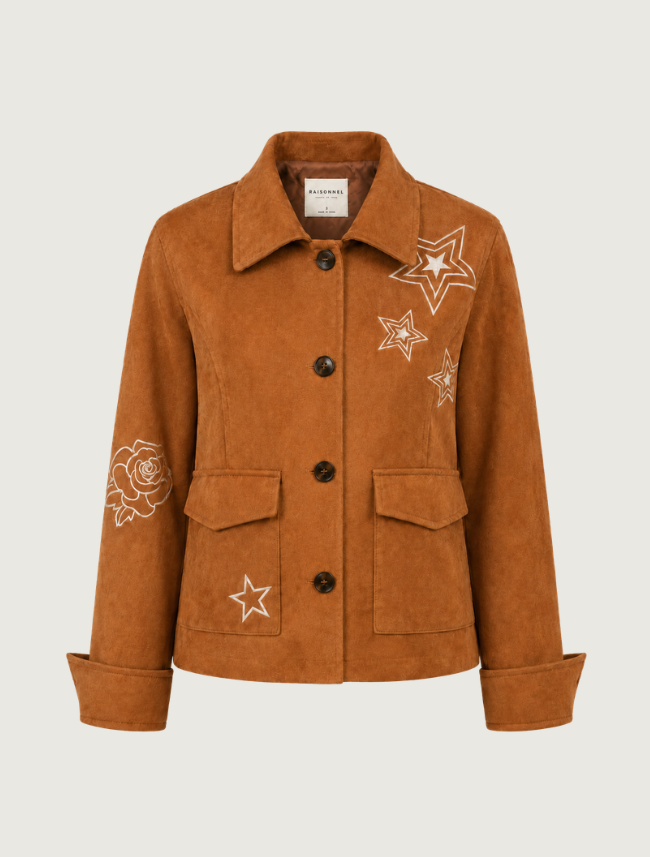 Raisonnel Embroidered Camel Faux Suede Jacket