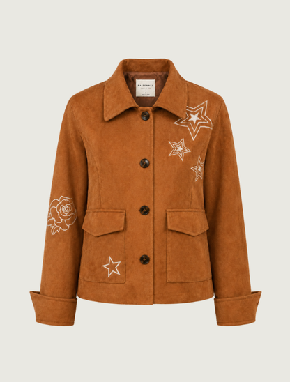 Raisonnel Embroidered Camel Faux Suede Jacket