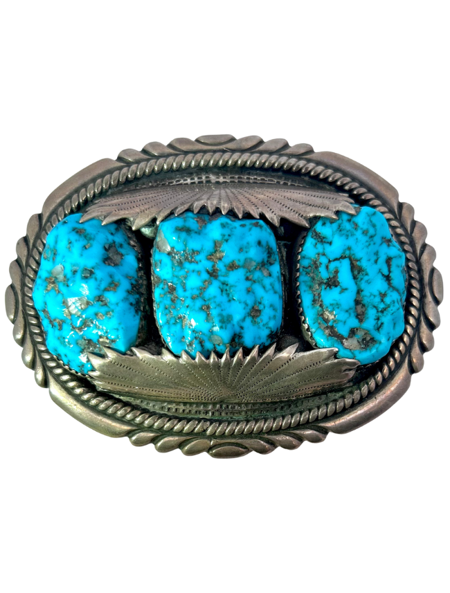 Front view of R.L.B. Sterling Silver Turquoise Belt Buckle