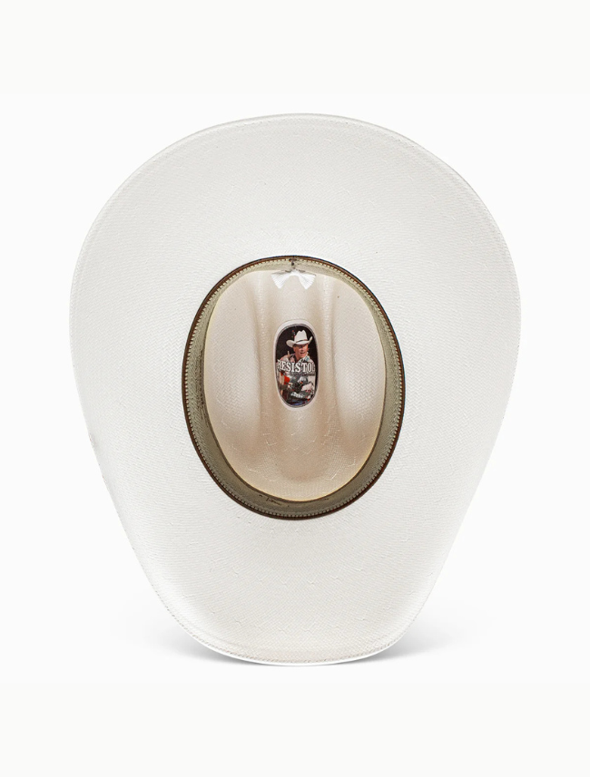 Inside of a white cowboy hat with a visible brand logo on a white background