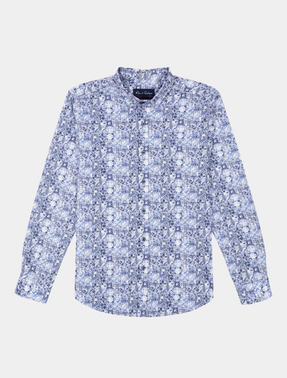 Blue floral patterned shirt on a light gray background