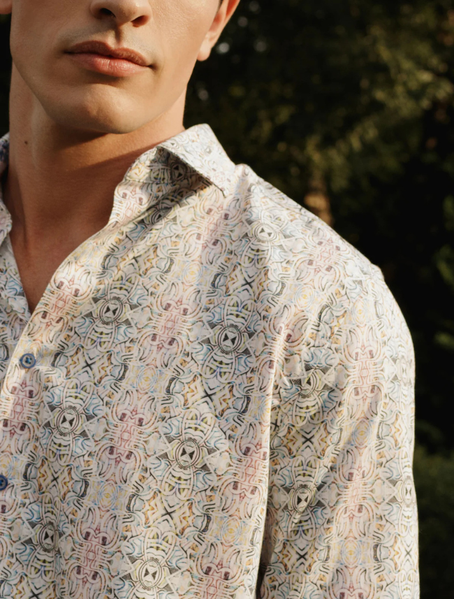 luxury men's button-down with eye-catching floral design, contrast cuffs, and a sophisticated finish