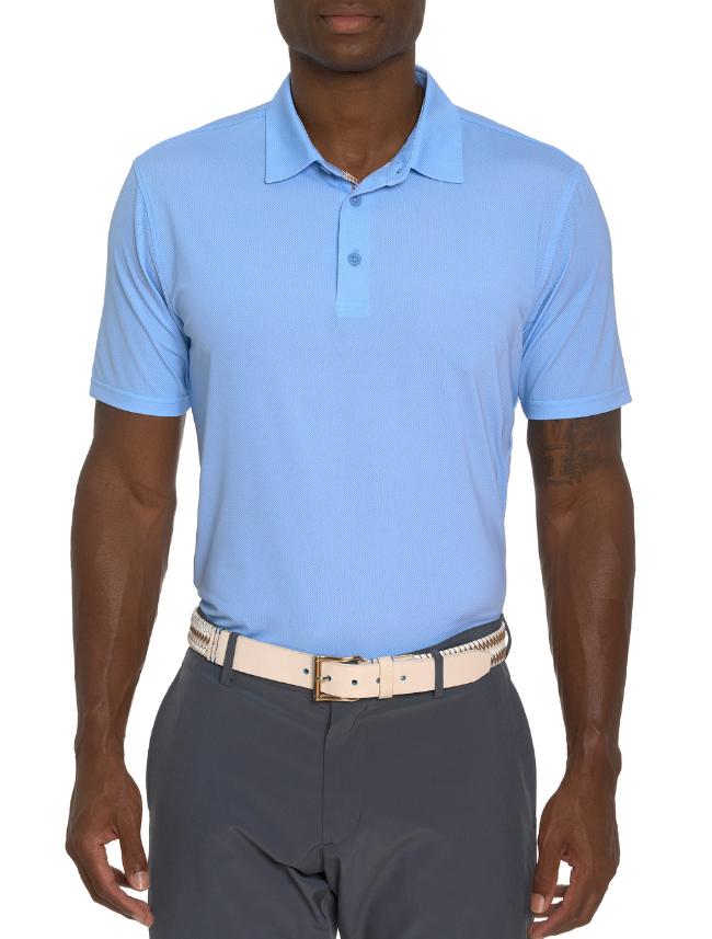 Front view of Robert Graham Hyde Polo in Blue – short sleeve designer men's shirt with colorful print and contrast collar.