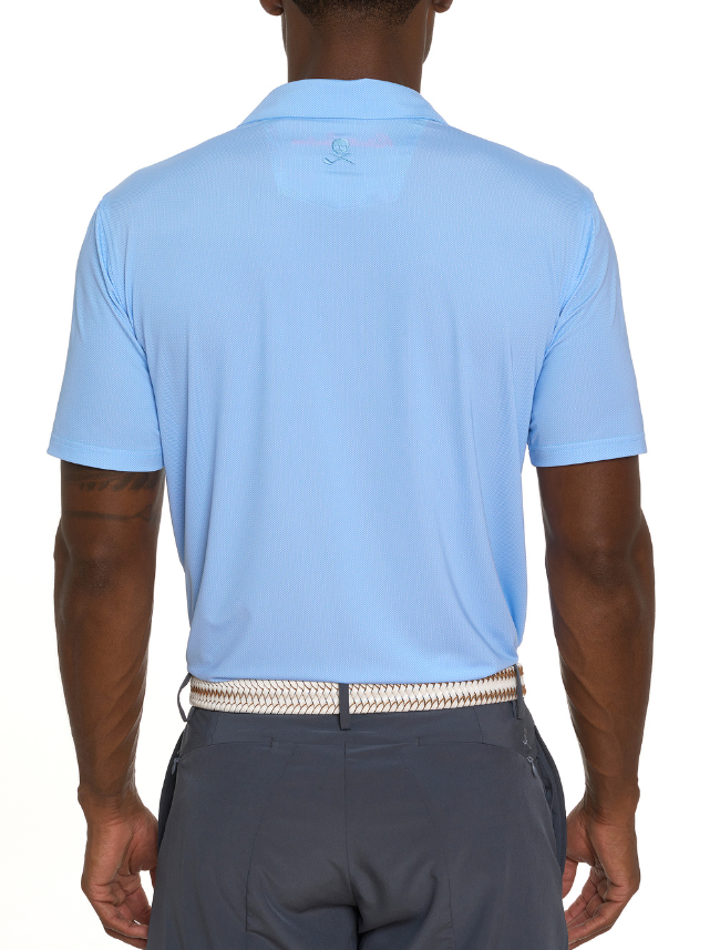 Back of Robert Graham Men's Hyde Polo in Blue – breathable cotton blend polo with bold pattern and tailored cut.