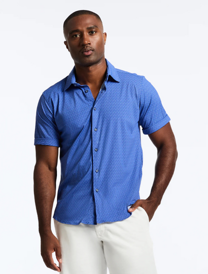 Model wearing Robert Graham Pidmont Short Sleeve Shirt – vibrant print short sleeve button-down styled for upscale casual wear