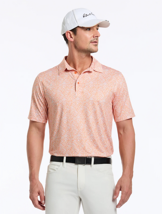 Front view of Robert Graham Wentz Polo in orange – bold pattern and modern tailored fit for a refined casual style perfect for golf