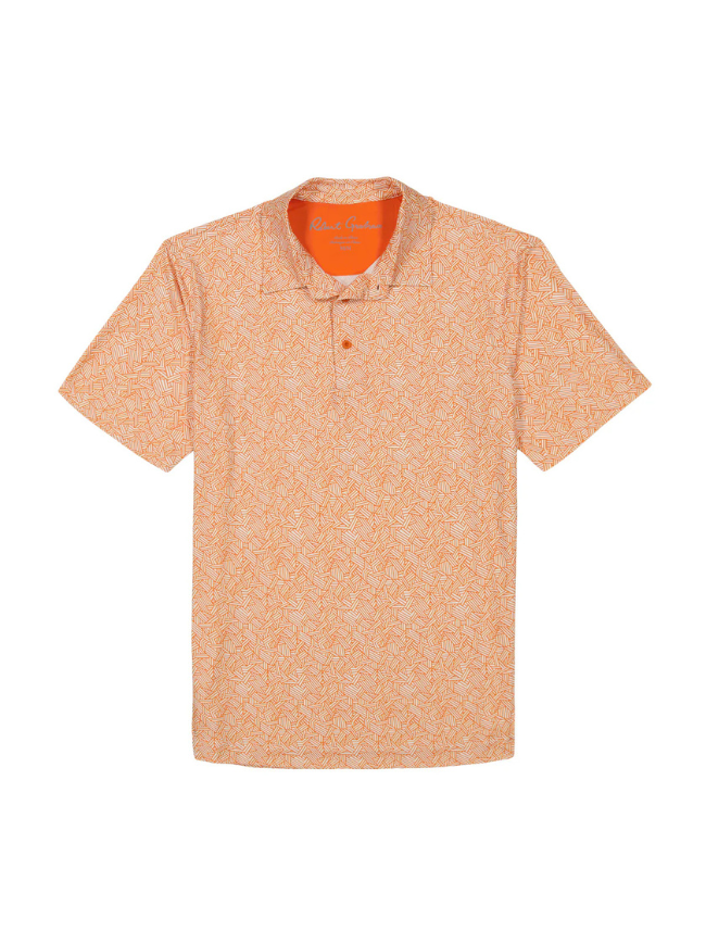 product shot of Robert Graham Wentz Polo fabric in orange – luxury cotton blend with intricate patterns and subtle logo detailing perfect for golfing.