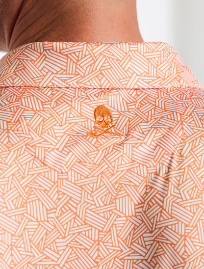 Close-up of Robert Graham Wentz Polo fabric – luxury cotton blend with intricate patterns and subtle logo detailing.