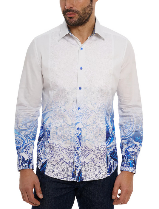 Man wearing a white shirt with blue paisley pattern on a white background