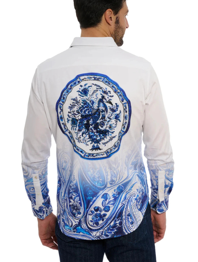 White shirt with blue paisley design on the back, worn by a person.