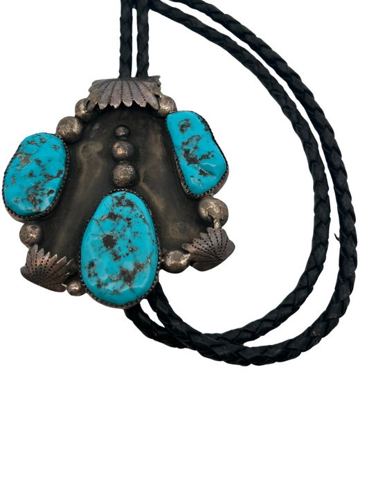 Top down view of Robert & Bernice Leekya Sterling Silver & Turquoise Bolo Tie bolo tie
