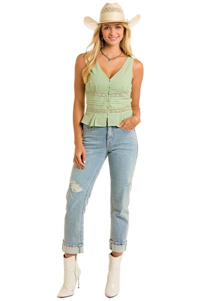 Rock & Roll Denim Eyelet Inset Tank Top – jade green sleeveless top with stylish eyelet details, lightweight fabric, and a flattering fit