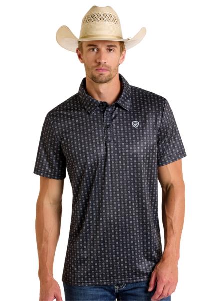 Rock & Roll Denim Geo Printed Polo Black – men’s short sleeve polo with modern geometric pattern, lightweight fabric, and athletic fit