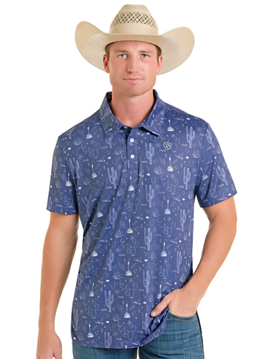 Man wearing a blue patterned shirt and beige cowboy hat on a white background